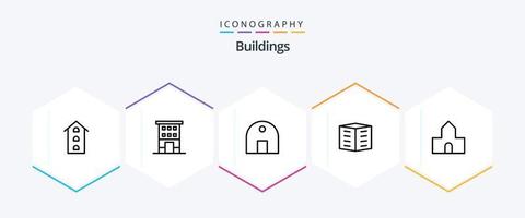 Pacote de ícones de 25 linhas de edifícios, incluindo construção da cidade. apartamentos. vitrine. imobiliária. edifício islâmico vetor