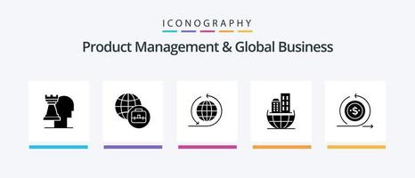 gerenciamento de produtos e pacote de ícones de glifo 5 de negócios globais, incluindo . em. organização mundial. moderno. o negócio. design de ícones criativos vetor