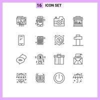 conjunto de pictogramas de 16 contornos simples de elementos de design de vetores editáveis da loja de parque de câmeras de celular