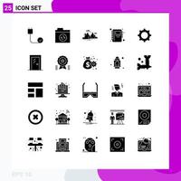 grupo de símbolos de ícone universal de 25 glifos sólidos modernos de configuração bloco de notas montanha caderno sol elementos de design vetoriais editáveis vetor