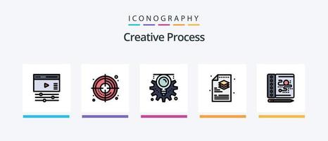 a linha de processo criativo preencheu o pacote de 5 ícones, incluindo o processo. teclado. folha. computador. criativo. design de ícones criativos vetor