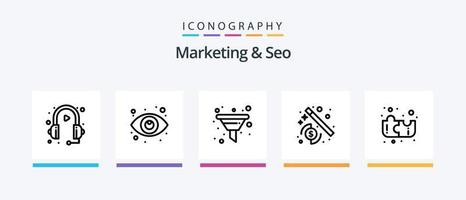 marketing e seo line 5 icon pack incluindo seo. monitor. o negócio. marketing. estatística. design de ícones criativos vetor