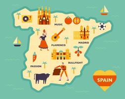 composição de ícones culturais no mapa espanhol. vetor