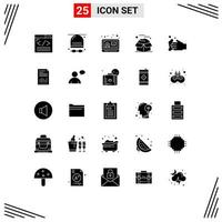 25 símbolos universais de glifos sólidos de pacotes, caixa de óculos aberta, elementos de design de vetores editáveis