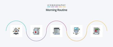 linha de rotina matinal preenchida com 5 ícones planos, incluindo notícias. lavatório. garrafa. afundar. lista de controle vetor