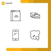 pacote de interface do usuário de 4 cores planas básicas de linhas preenchidas de correspondência de livro, telefone de resposta de livro aberto, elementos de design de vetores editáveis