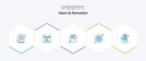 Pacote de ícones azuis do Islã e do Ramadã 25, incluindo garota. muçulmano. Comida. islamismo. arte vetor