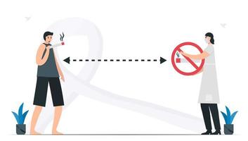 mulher mantém distância da pessoa que fuma. conhecimento sobre o mês de conscientização do câncer de pulmão, novembro. ilustração em vetor plana isolada no fundo branco.