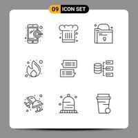 conjunto moderno de 9 contornos e símbolos, como pasta de SEO de bolha, dinheiro, fogo, elementos de design de vetores editáveis