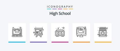 pacote de ícones da linha 5 do ensino médio, incluindo aprendizado. Lista. computador. calendário de estudos. tempo de leitura. design de ícones criativos vetor