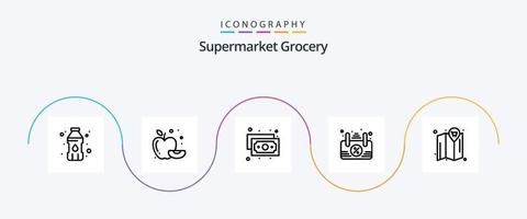 pacote de ícones da linha de supermercado 5, incluindo . dinheiro. carrinho. mapa vetor