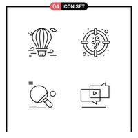 pacote de 4 sinais e símbolos modernos de cores planas de linha preenchida para mídia impressa na web, como raquete de balão, airballoon, amor, tênis de mesa, elementos de design de vetores editáveis