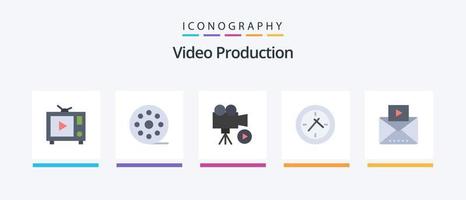 produção de vídeo flat 5 icon pack incluindo mídia. mensagem. filme. relógio. cinema. design de ícones criativos vetor