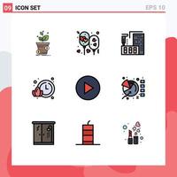 9 interface do usuário pacote de cores planas de linha cheia de sinais e símbolos modernos de elementos de design de vetores editáveis de fabricação de lótus de festa de tempo multimídia