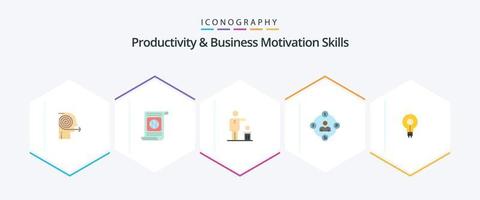 habilidades de produtividade e motivação de negócios 25 pacote de ícones planos, incluindo distrações. mídia social. mundo. pensei. Ideias vetor