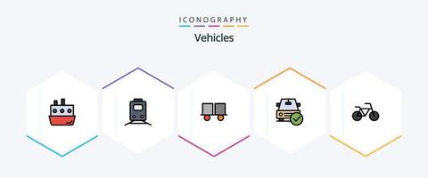 Pacote de ícones de 25 linhas preenchidas de veículos, incluindo completo. carro. transporte. empilhadeira. empilhadeira vetor