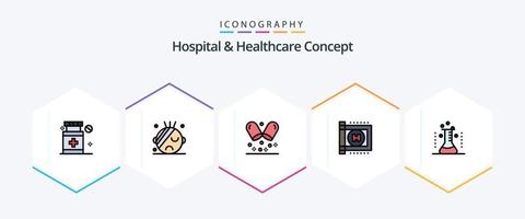 hospital e conceito de saúde 25 pacote de ícones de linha preenchida, incluindo . . vetor