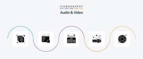pacote de ícones de glifo 5 de áudio e vídeo, incluindo lente. projetor. áudio. apresentação. som vetor