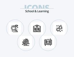 design de ícones do pacote de 5 ícones da escola e da linha de aprendizagem. . lâmpada. marca páginas. Educação. boné vetor