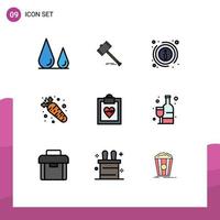 9 ícones criativos sinais modernos e símbolos de martelo de cenoura de comida sobre elementos de design de vetores editáveis de informação
