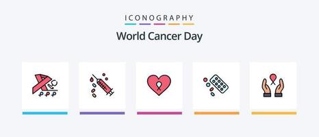 a linha do dia mundial do câncer preencheu o pacote de 5 ícones, incluindo pulso. coração. medicina. ecg. Câncer. design de ícones criativos vetor