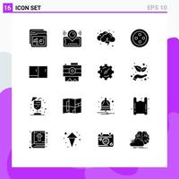 pacote de interface do usuário de 16 glifos sólidos básicos de ticket de mesa costurar elementos de design de vetores editáveis de trovão