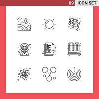 grupo de símbolos de ícone universal de 9 contornos modernos de arquivo txt maleta de flores em bolsa de pinos de mapa elementos de design de vetores editáveis