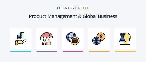 gerenciamento de produtos e linha de negócios global preencheu o pacote de 5 ícones, incluindo negócios. marketing. o negócio. global. comercialização global. design de ícones criativos vetor