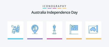 pacote de ícones do dia da independência da austrália azul 5, incluindo bandeira. Austrália. localização. torre de tv. sydney. design de ícones criativos vetor