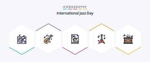 pacote de ícones de linha preenchida do dia internacional do jazz 25, incluindo música. tambor. instrumento. música. violão vetor