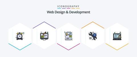 web design e desenvolvimento 25 pacote de ícones de linha preenchida, incluindo html. codificação. idéia. engrenagem. configuração vetor