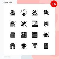 pacote de 16 glifos sólidos criativos de elementos de design de vetor editável de negócios de leilão de pesquisa de casa