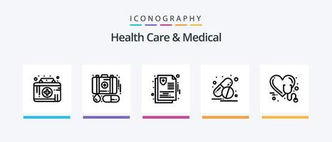 cuidados de saúde e pacote de ícones da linha médica 5, incluindo médico. Cuidado. plano de saúde. medicina. pílulas. design de ícones criativos vetor