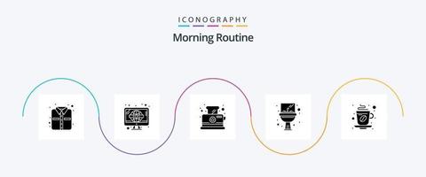 pacote de ícones de glifo 5 de rotina matinal, incluindo chá. copo. torrada. espelho. afundar vetor