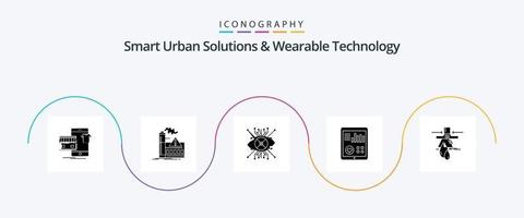 soluções urbanas inteligentes e pacote de ícones de glyph 5 de tecnologia vestível, incluindo coração. monitoramento. alerta. lente. cibernético vetor