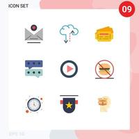 conjunto de pictogramas de 9 cores planas simples de elementos de design de vetores editáveis de vídeo de mídia de estação rápida de rótulo