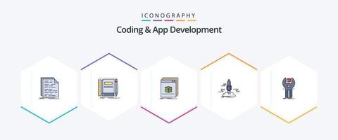 codificação e desenvolvimento de aplicativos 25 pacote de ícones de linha preenchida, incluindo aplicativo. lançar. bolso. programa. aplicativo vetor