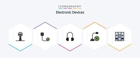 dispositivos 25 pacote de ícones de linha preenchida, incluindo centro. microfone. fones de ouvido. hardware. dispositivos vetor