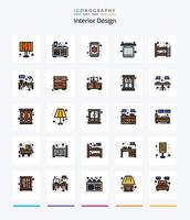 pacote de ícones cheios de 25 linhas de design de interiores criativos, como cama de bebê. mobiliário. culinária. cortinas. tapete vetor