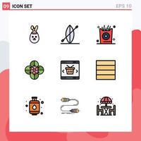 conjunto de 9 sinais de símbolos de ícones de interface do usuário modernos para cesta de compras, aplicativo de criança, flor, elementos de design de vetores editáveis
