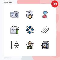 pacote de 9 sinais e símbolos modernos de cores planas de linha preenchida para mídia de impressão na web, como tipografia de saco de esfregar de presente eid elementos de design de vetores editáveis