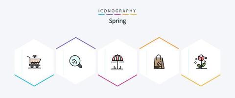 primavera 25 pacote de ícones de linha preenchida, incluindo floral. Shopping. chuva. Wi-fi. saco vetor