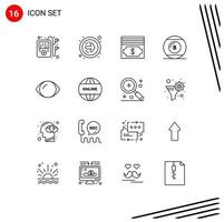 conjunto de esboço de interface móvel de 16 pictogramas de visão, dinheiro, jogo de olhos, elementos de design de vetores editáveis