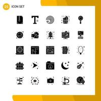 25 conceito de glifo sólido para sites móveis e aplicativos, xícara de sobremesa, bolo de palavras, elementos de design de vetores editáveis