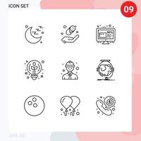 pacote de interface do usuário de 9 contornos básicos do trabalhador da linha de trabalho sexta-feira projeto de lâmpada elementos de design de vetores editáveis