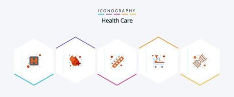 cuidados de saúde 25 pacote de ícones planos, incluindo genética. cápsula. leito do paciente. cama de hospital vetor