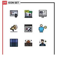 pacote de cores planas fillline de 9 símbolos universais de elementos de design de vetores editáveis de desenvolvimento de segurança de aplicativo de alto-falante de página