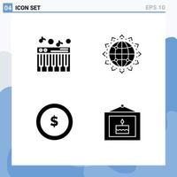 conjunto de pictogramas de 4 glifos sólidos simples de elementos de design de vetores editáveis de finanças de negócios mundiais de moeda musical