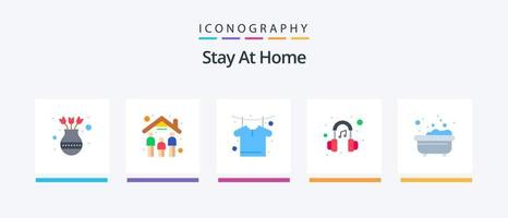 Fique em casa Flat 5 Icon Pack incluindo banho. som. ficar em casa. fone de ouvido. camisa. design de ícones criativos vetor