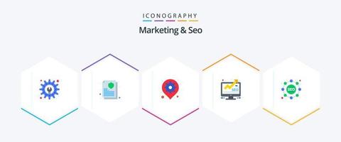 marketing e pacote de ícones planos de 25 seo, incluindo táticas. seo. mapa. seo. marketing vetor